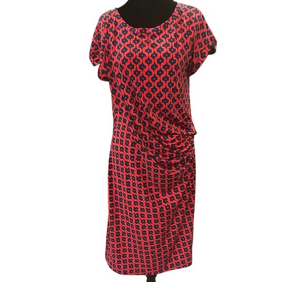 Banana Republic Navy Red Geometric Print Knit Ruched Dress Size Medium - Picture 1 of 2